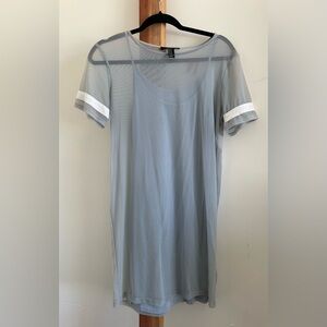 Forever 21 Light Gray Mesh Short Sleeve Tee with White Sleeve Stripes